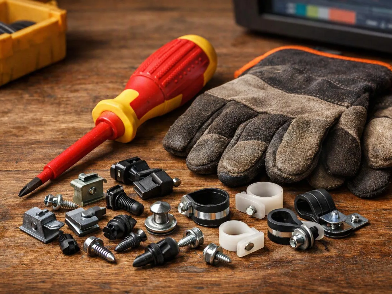 A red-and-yellow screwdriver, worn work gloves, and assorted screws and clips sit on a wooden workbench