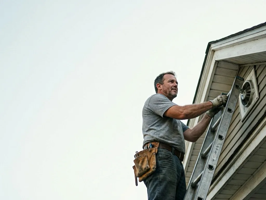 Man on a ladder repairing a house roofline beside a round attic vent