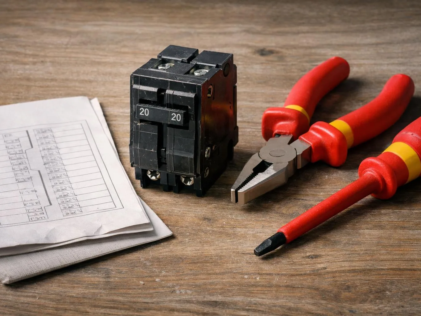 A circuit breaker, red-handled pliers, and a screwdriver sit beside a paper wiring diagram on a wooden table