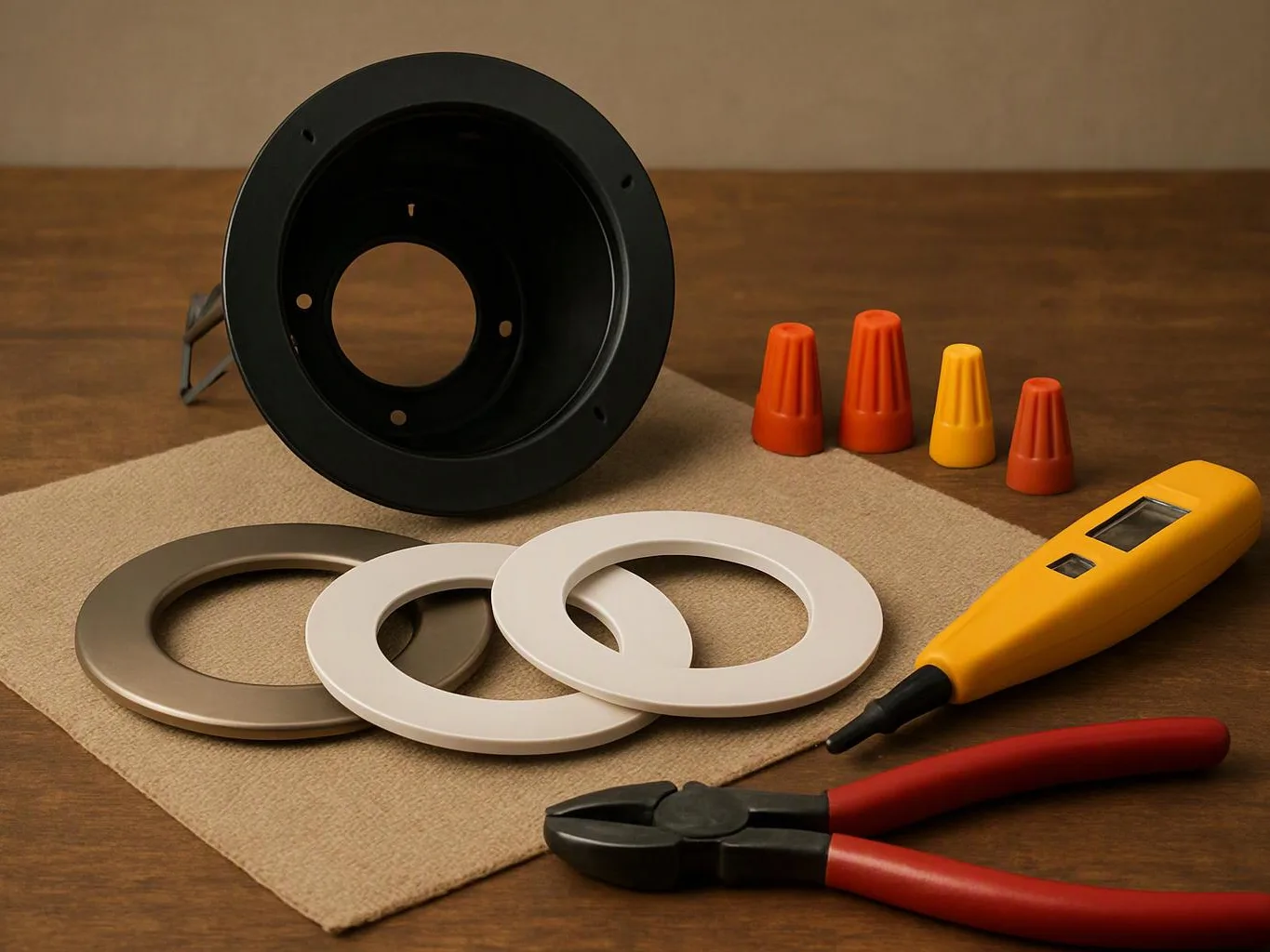 A set of electrical parts and tools sits on a table, including rings, wire nuts, a tester, and cutters