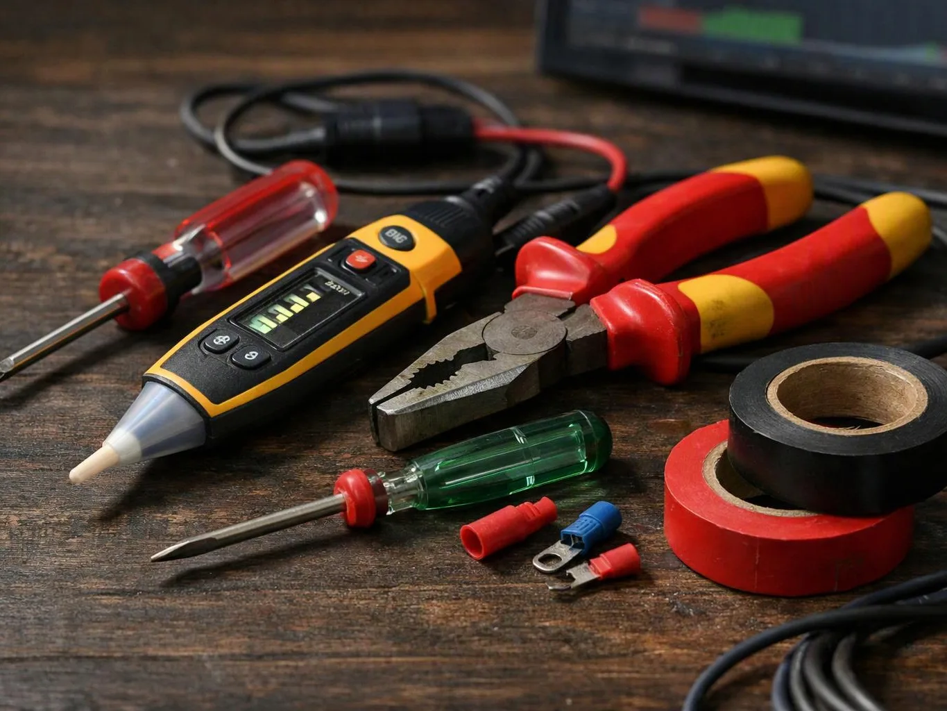 A set of electrical tools and supplies lies on a worn wooden workbench