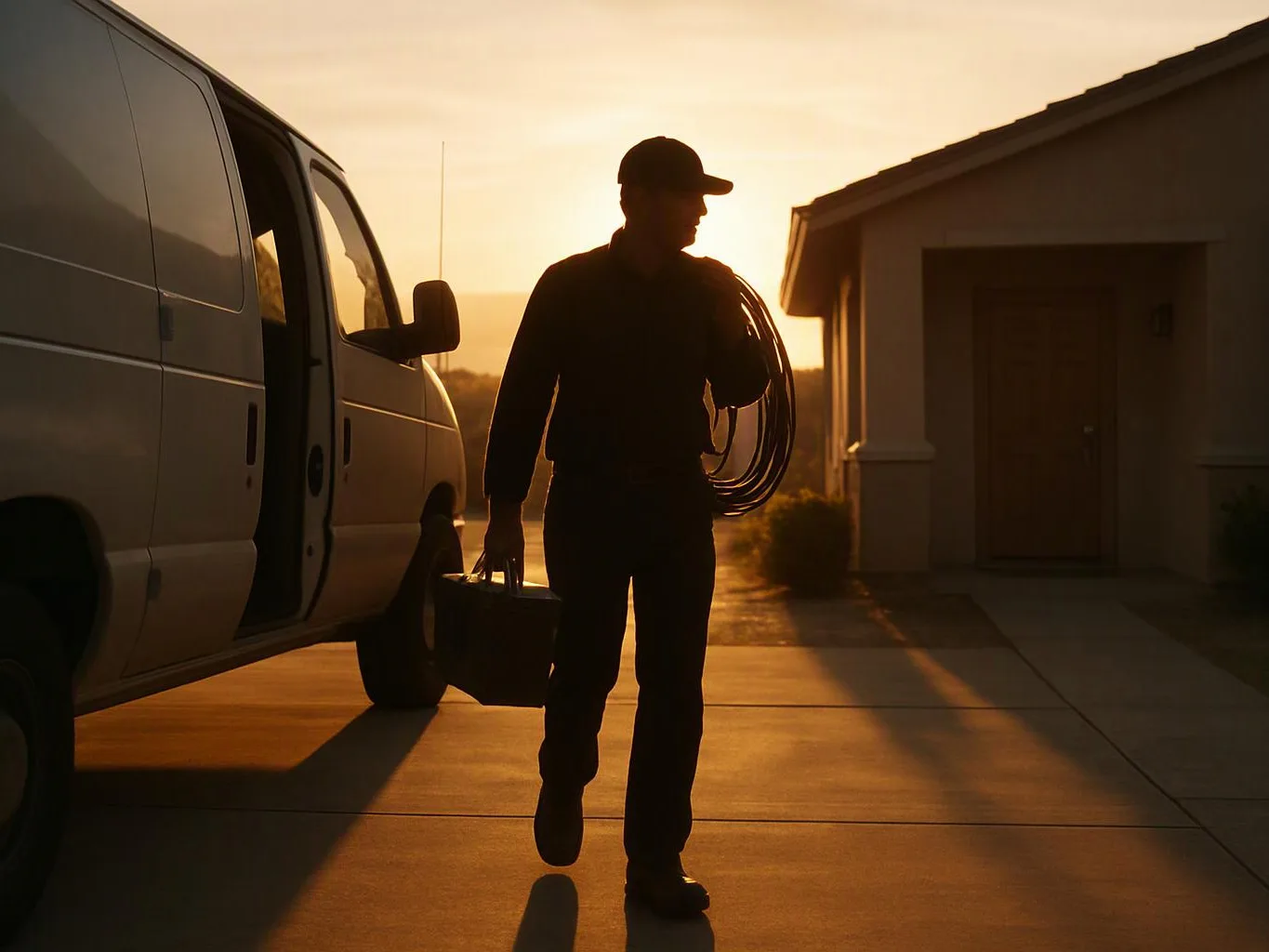 A silhouetted worker carries coiled cable and a toolbox beside a white van at sunrise