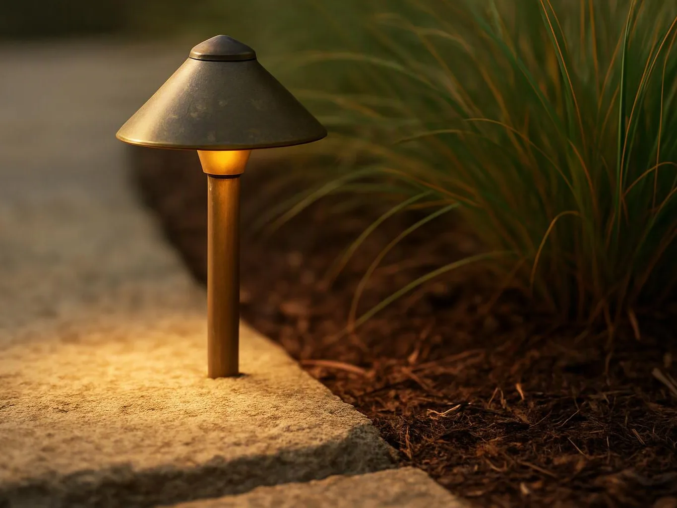 A small outdoor path light glows beside a stone walkway and mulch with tall grass nearby