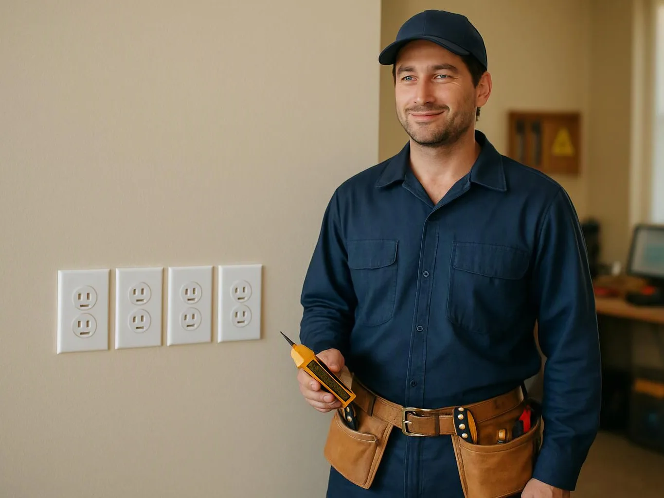A smiling electrician in blue coveralls holds a voltage tester beside a wall of electrical outlets