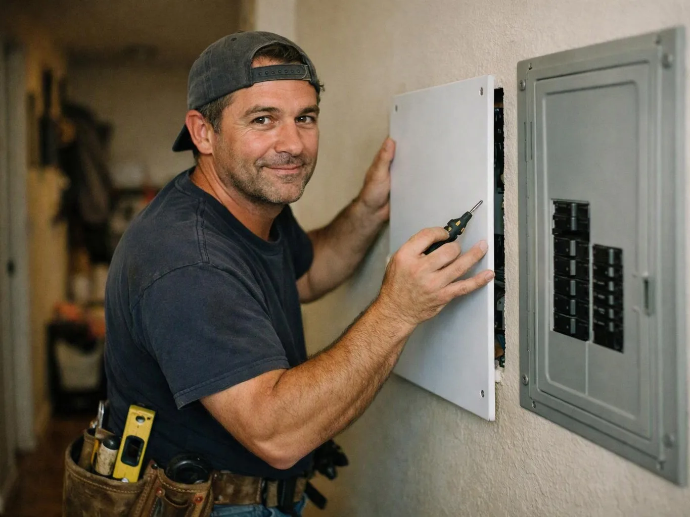 A smiling electrician holds a screwdriver while working beside open wall electrical panels indoors