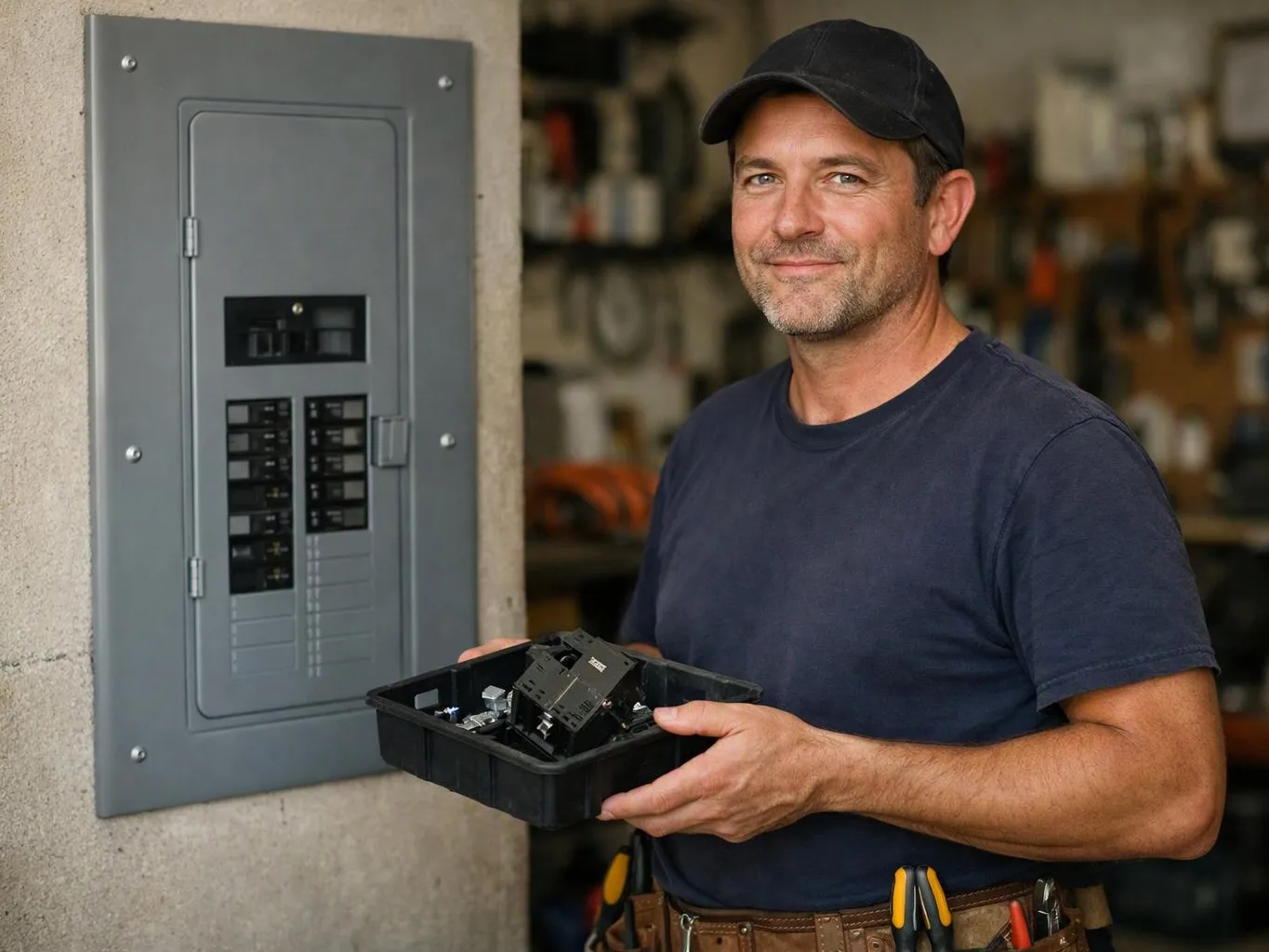 A smiling electrician holds a tray of breakers beside an open electrical panel in a workshop