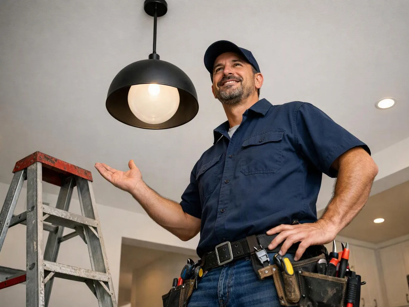 A smiling handyman stands under a hanging light, gesturing beside a ladder in a bright room