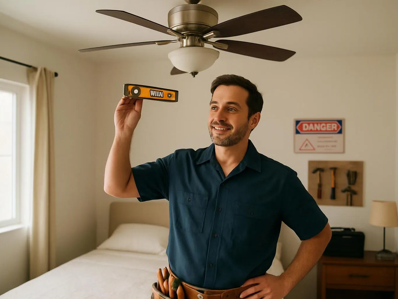 A smiling man in a blue shirt holds a yellow spirit level in a bright bedroom with a ceiling fan