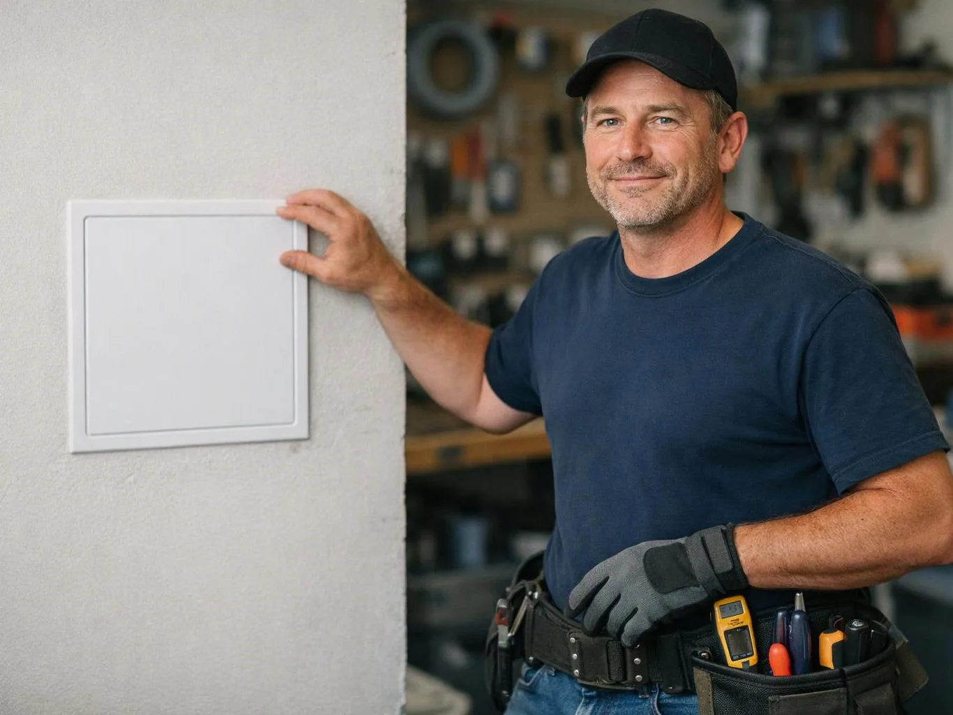 A smiling man in a cap stands by a wall panel, with tools in his belt inside a workshop