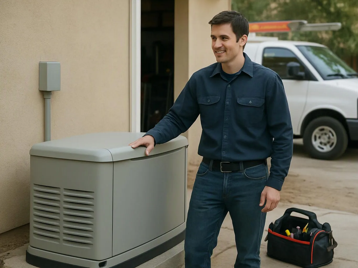 A smiling man stands beside a large gray generator outside a beige building, with a tool bag nearby