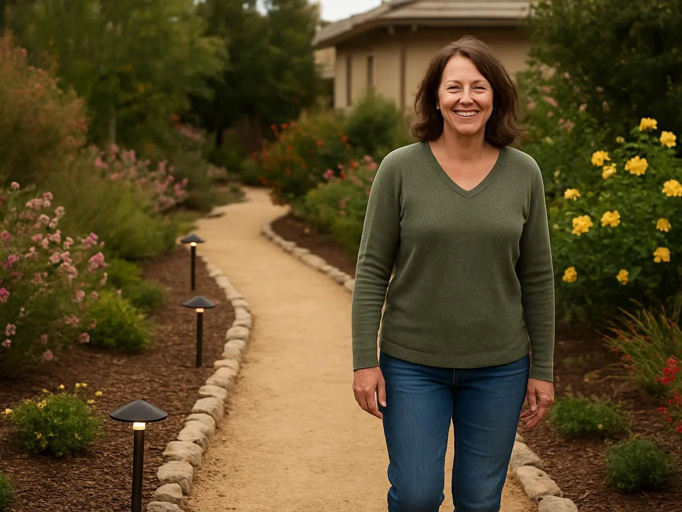 A smiling woman stands on a garden path lined with flowers and small pathway lights near a house