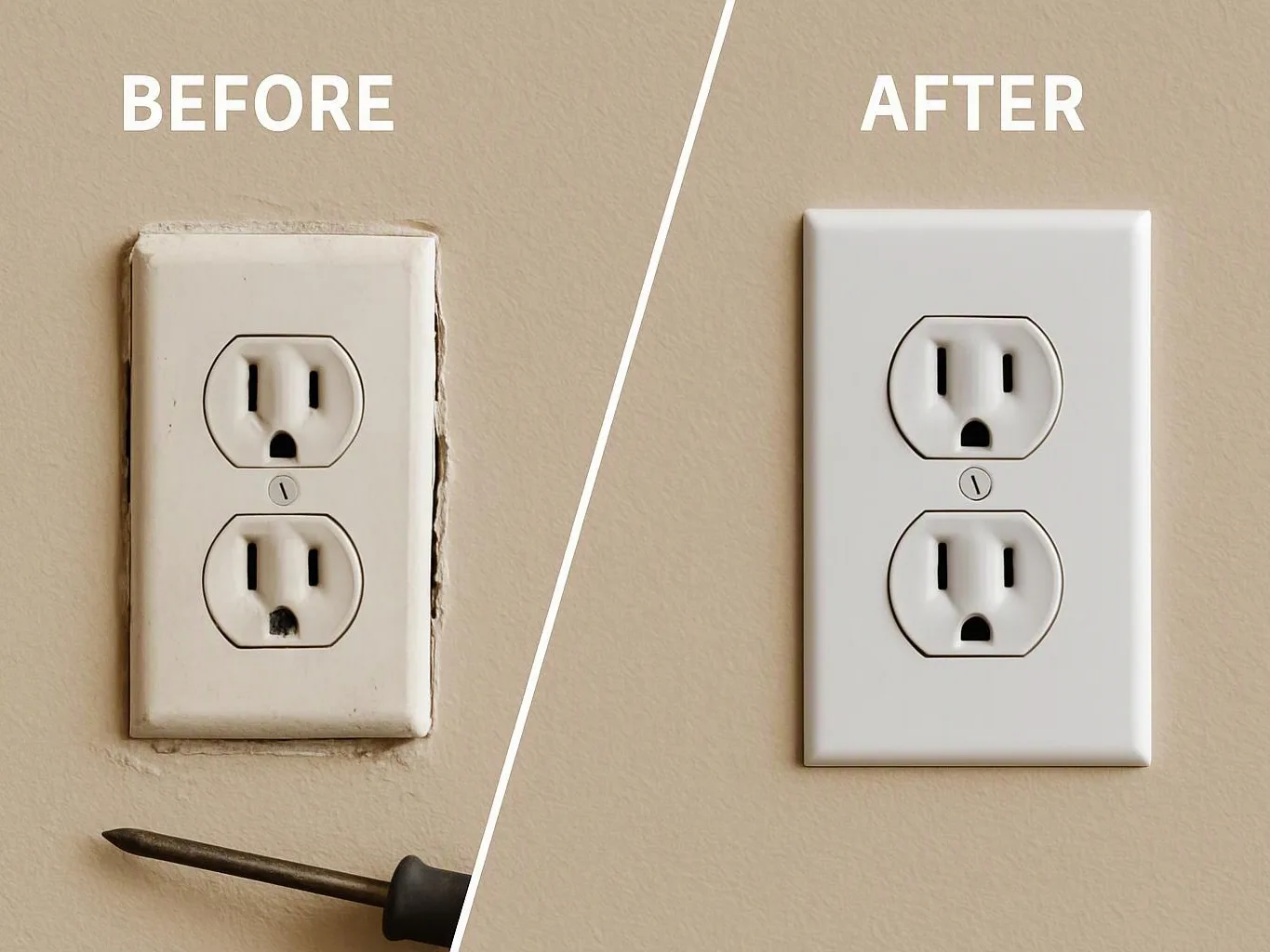 Split image shows a worn wall outlet before and a clean replacement outlet after on a beige wall