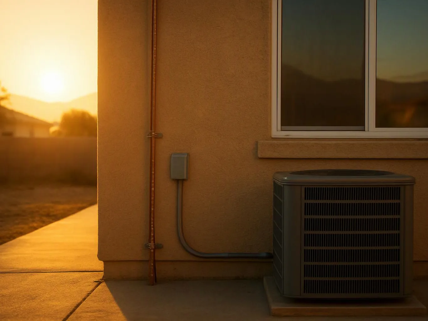 Sunset light falls on a house wall, a window, and an outdoor air conditioner unit