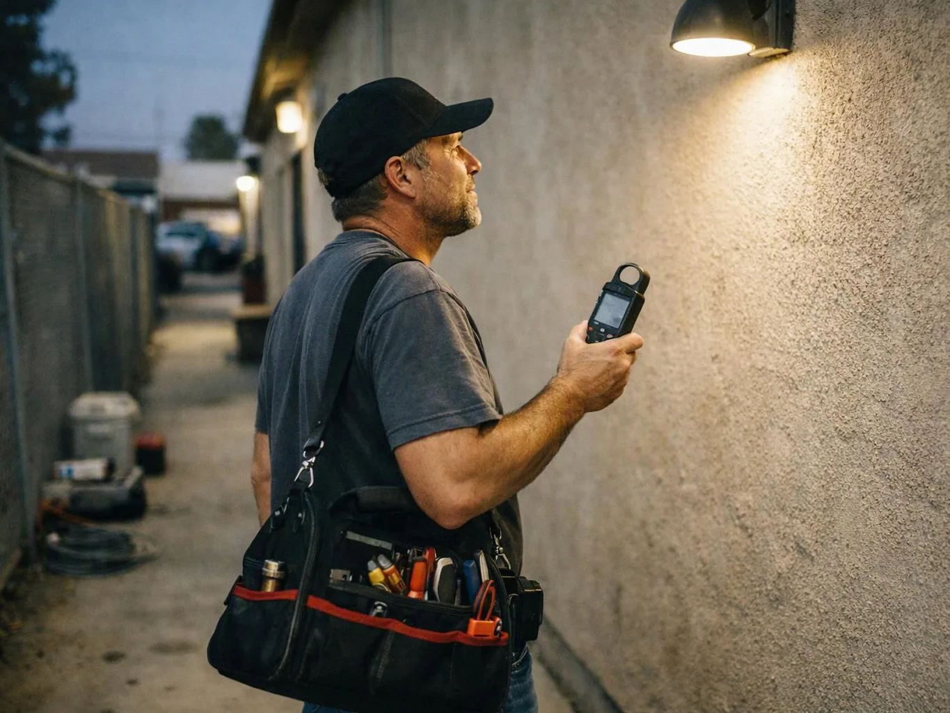 A technician in a cap checks a lit wall with a handheld meter in a narrow alley