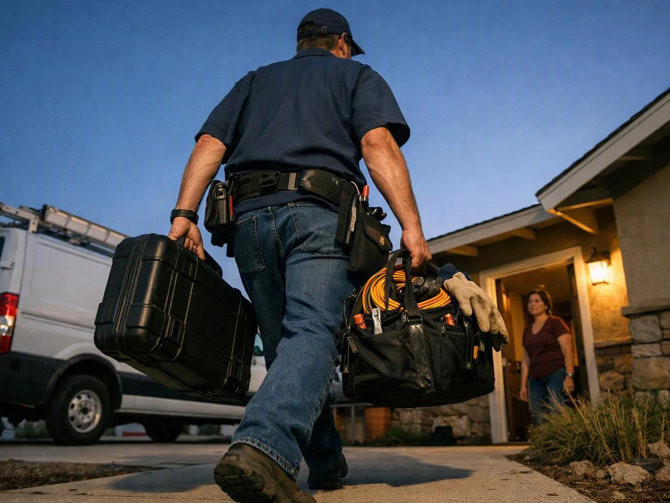 A technician carries tool cases and a gear bag toward a house while a woman stands in the doorway