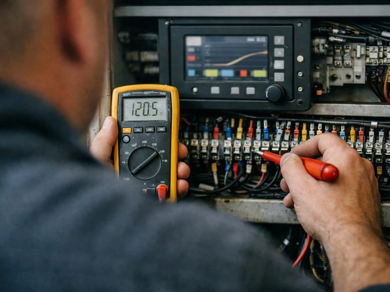 A technician holds a yellow multimeter and probes wiring inside an open electrical control panel