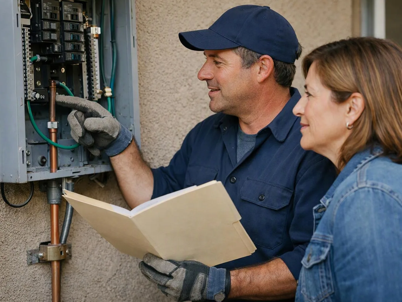 A technician inspects an open electrical panel while holding a folder beside a woman outside a building