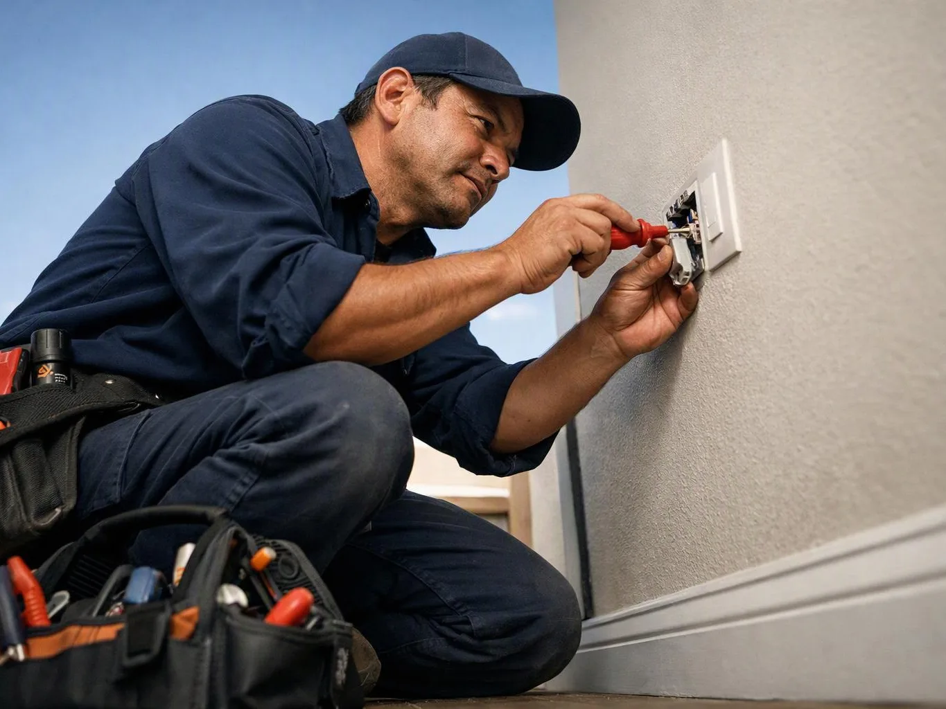 A technician kneels by a wall outlet, tightening wires with a red screwdriver beside tool bags
