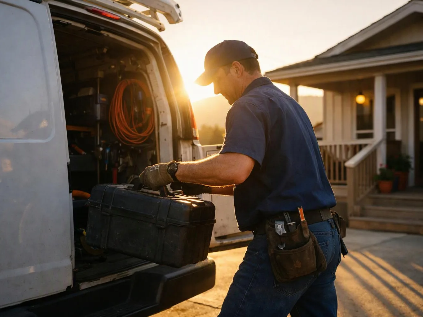 A technician loads a black toolbox into an open van beside a sunlit house