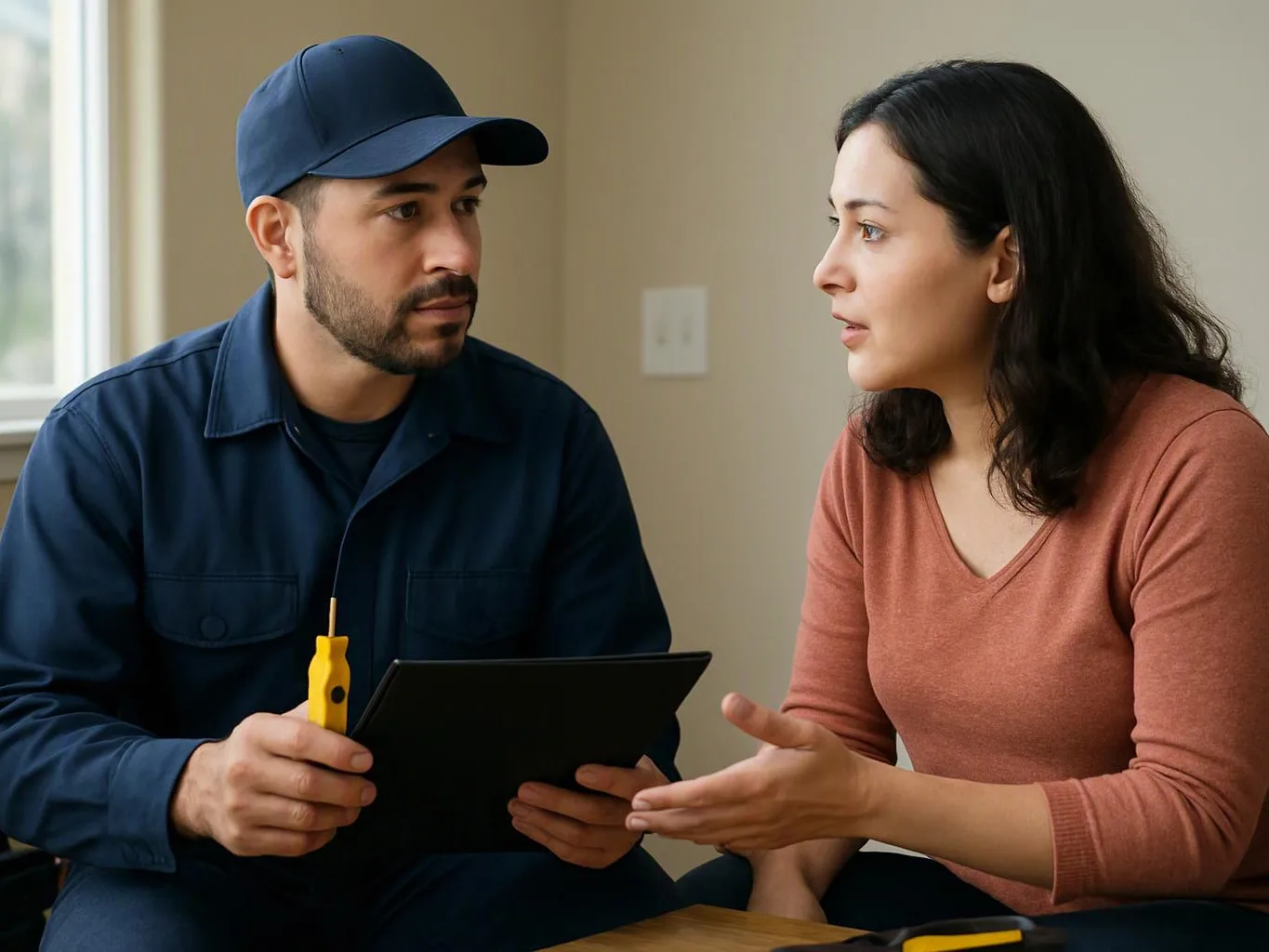 A technician in a navy cap holds a tablet and screwdriver while speaking with a woman indoors