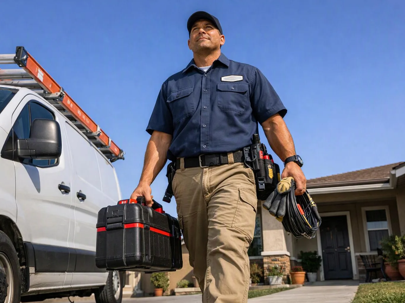A technician in a navy shirt walks beside a white van, carrying a toolbox and coiled cables in a suburban driveway