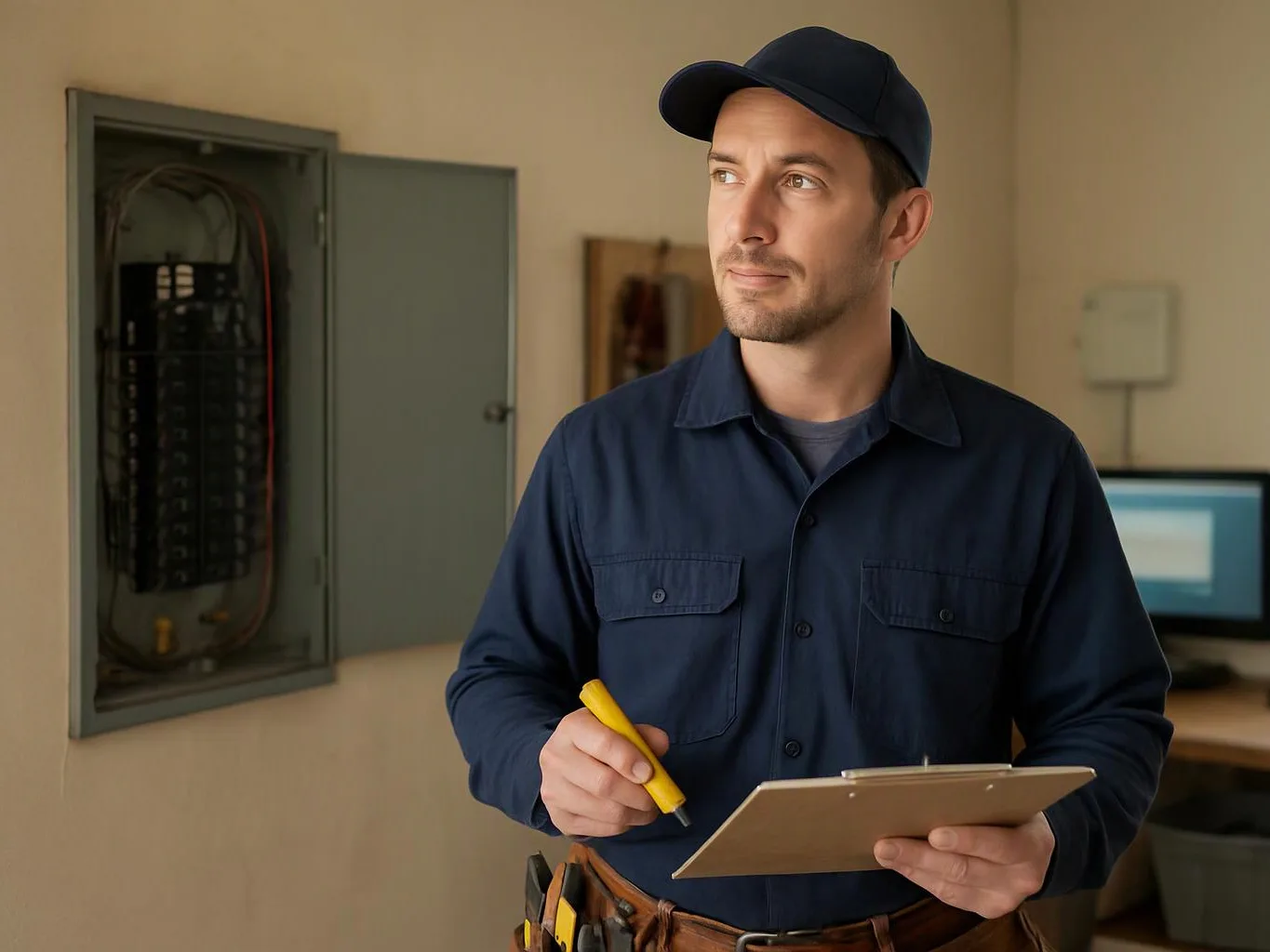 A technician in a navy uniform holds a clipboard and pen beside an open electrical panel indoors
