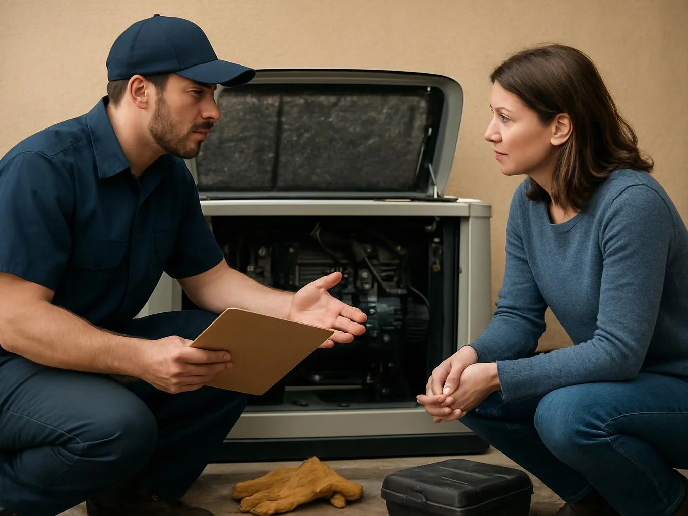 A technician shows a clipboard to a crouching woman beside an open machine with gloves and a tool case on the floor
