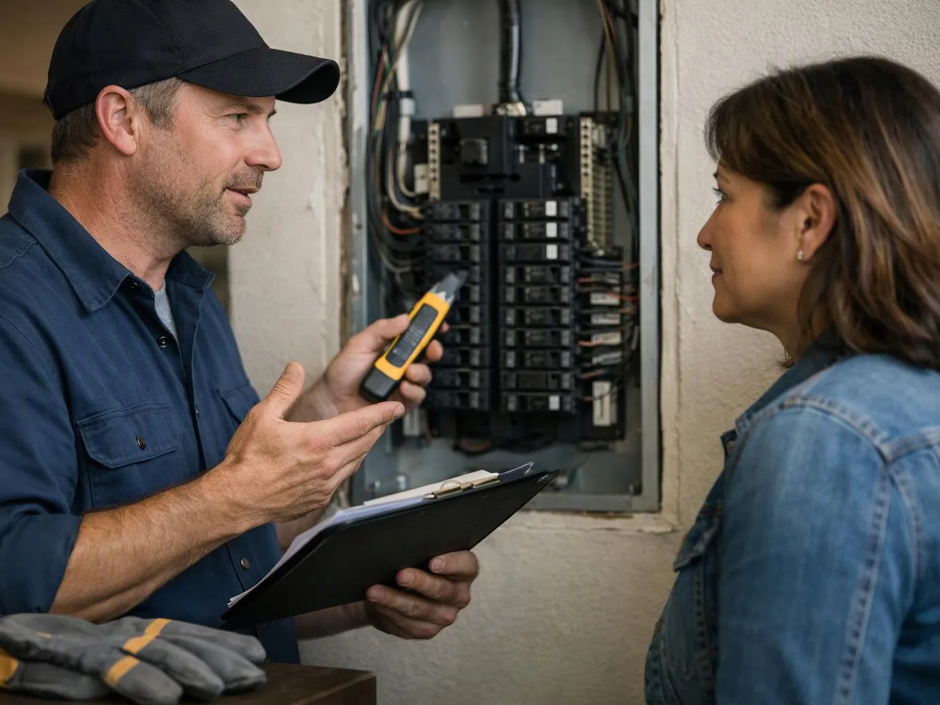 A technician shows a woman an open electrical panel while holding a tester and clipboard in a wall alcove
