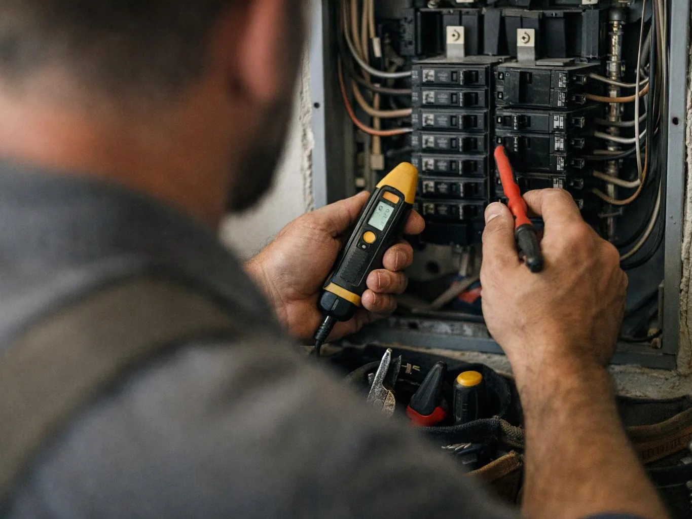A technician tests an electrical breaker panel with a digital meter and red probe