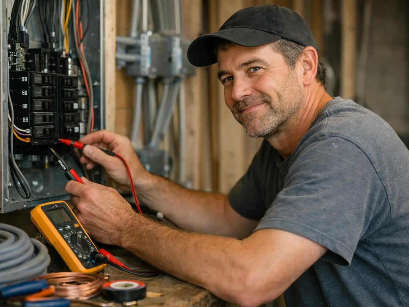 Man in a black cap testing an electrical panel with a multimeter