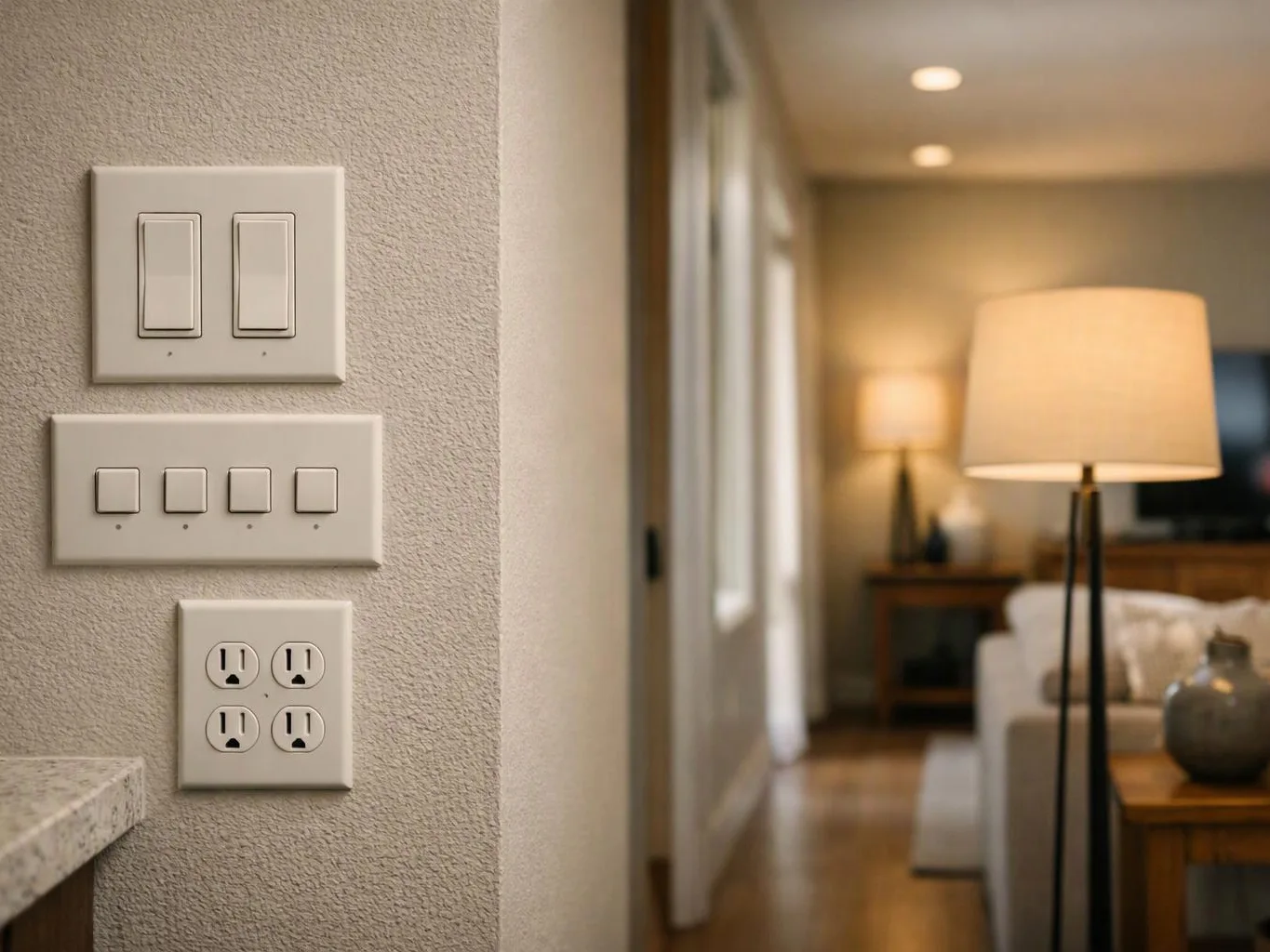 Three wall switches and a duplex outlet sit beside a softly lit living room with lamps and a sofa