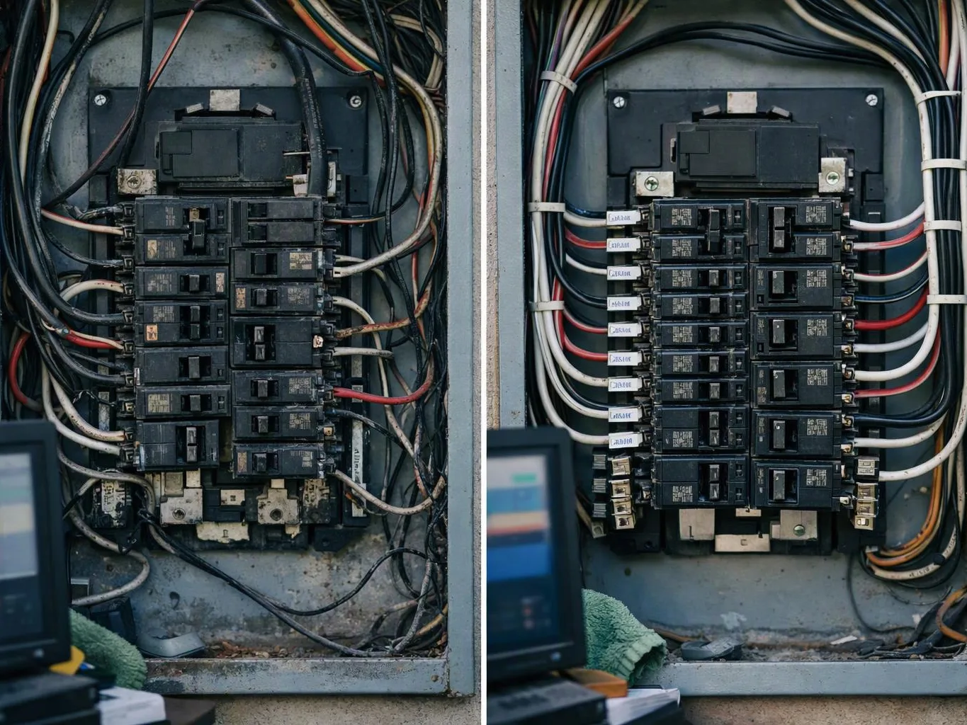 Two electrical breaker panels sit side by side, with tangled wires on the left and neatly routed wires on the right