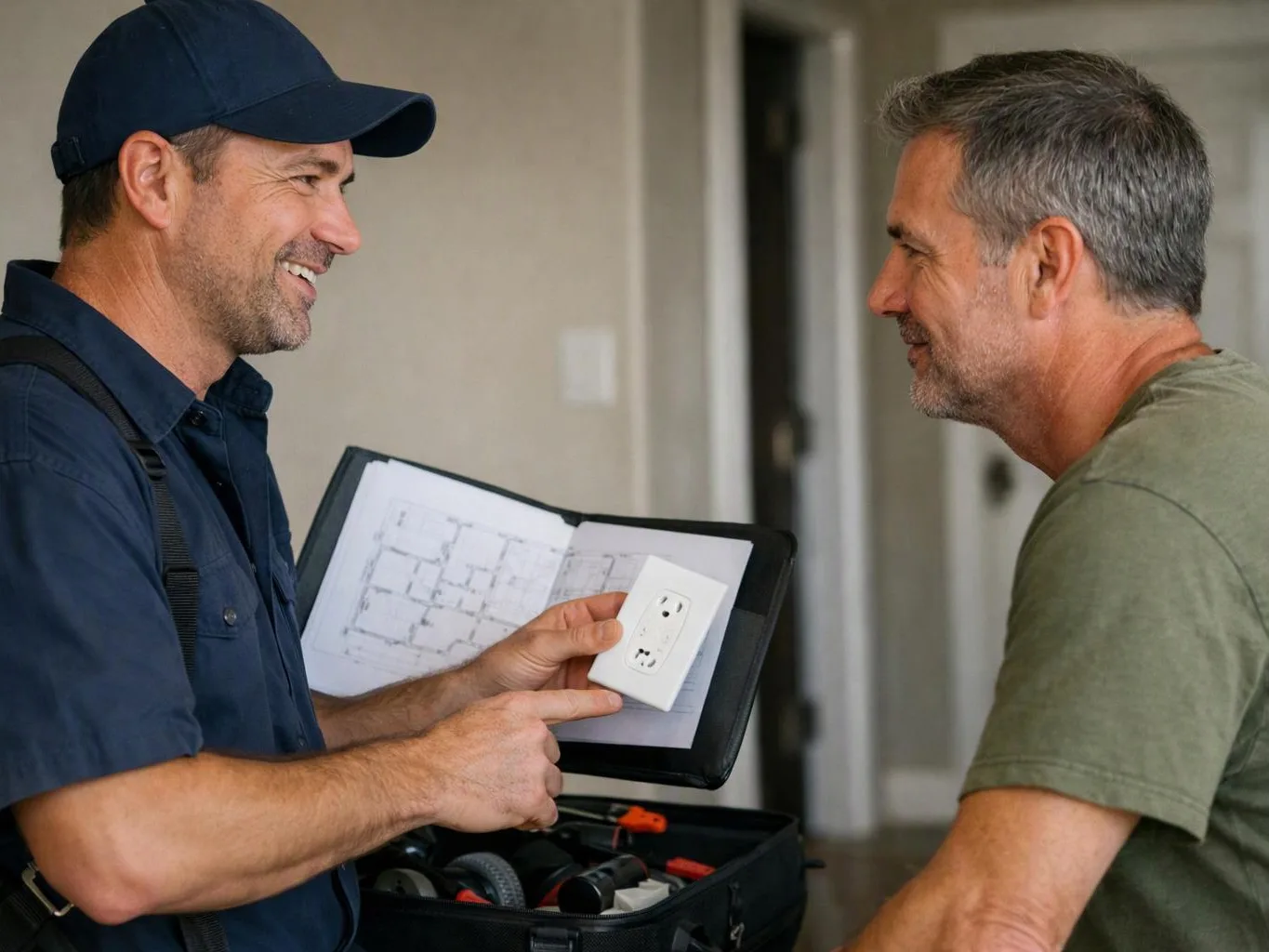 Two men smile indoors while one shows a wall outlet plate and floor plans from an open tool case