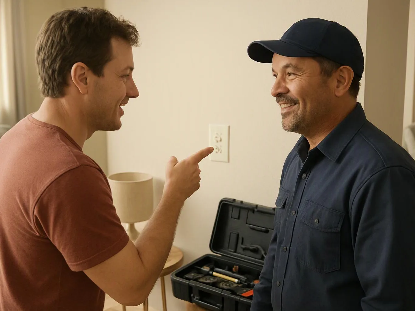 Two men smile and talk indoors beside an open black tool case and a small lamp