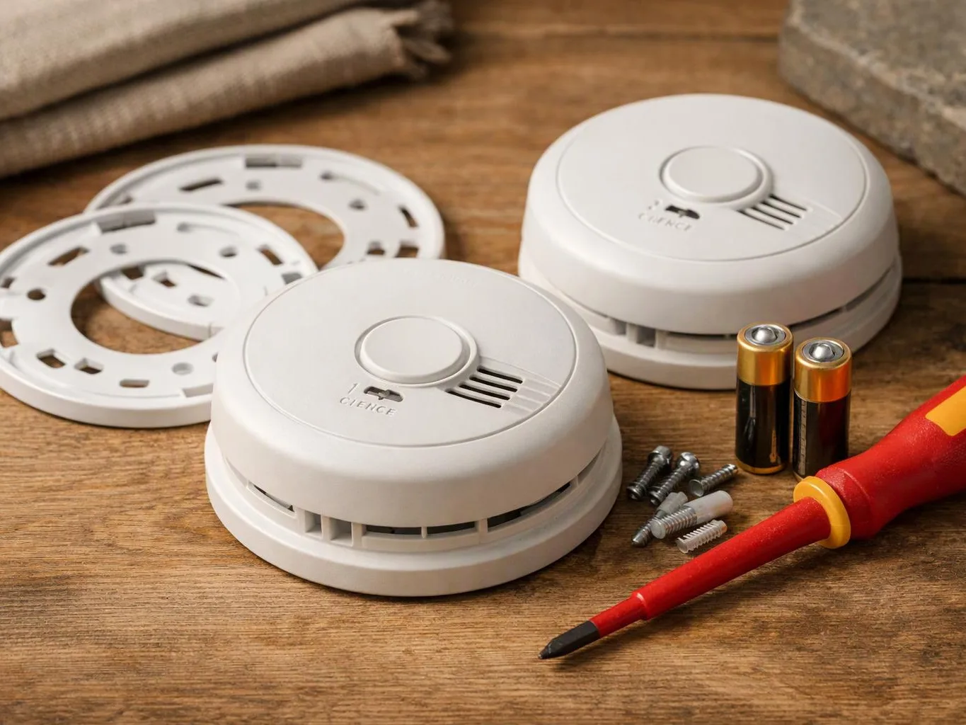 Two white smoke detectors sit beside mounting rings, screws, batteries, and a red screwdriver on a wooden table