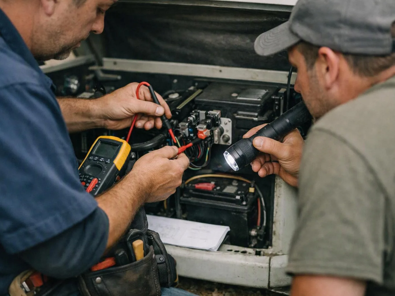 Two workers inspect electrical components inside a metal compartment