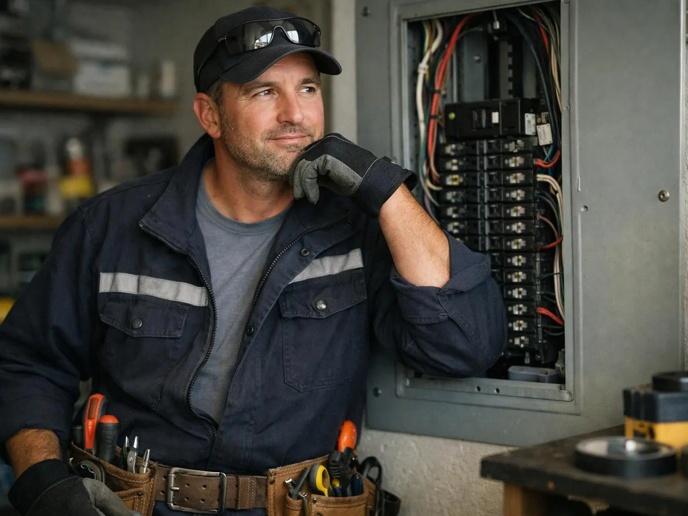 A uniformed electrician leans beside an open breaker panel, resting a gloved hand on his chin in a workshop