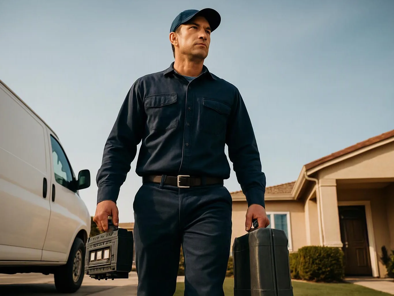 A uniformed man carries two black cases beside a white van in a suburban driveway