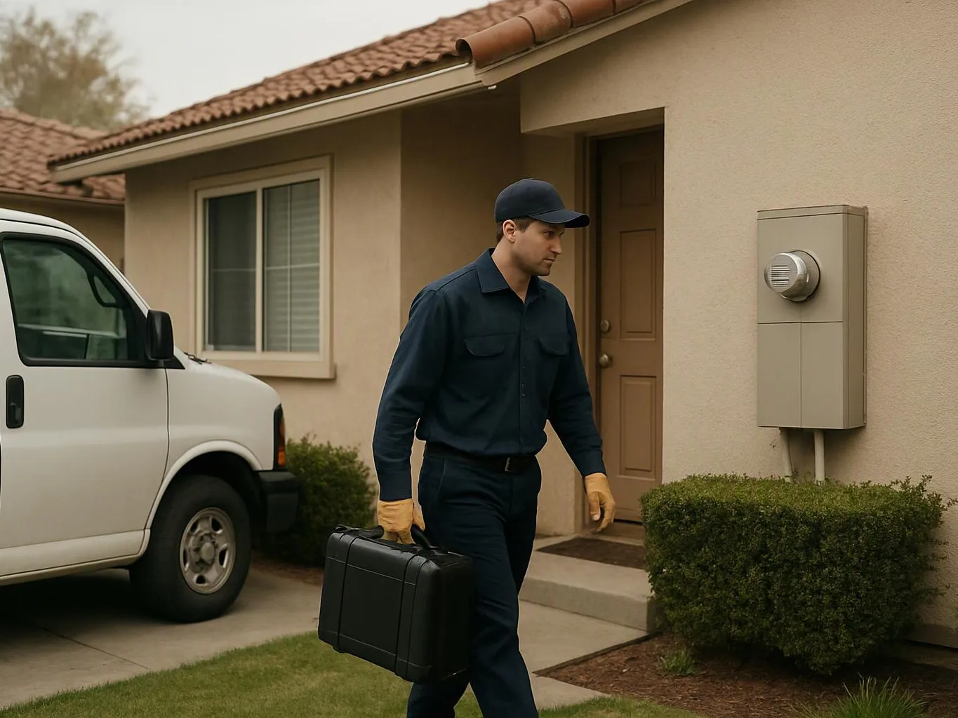 A uniformed worker carries a black case past a house entrance beside a white van