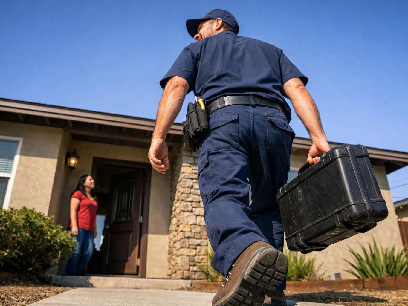 A uniformed worker carries a black case toward a house while a woman stands in the doorway