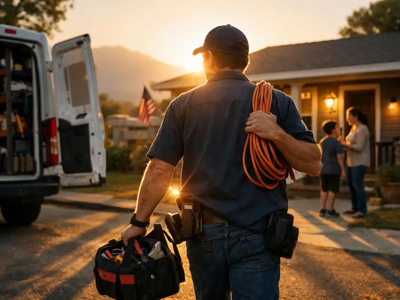 A utility worker walks toward a house at sunset, carrying an orange cable and a tool bag