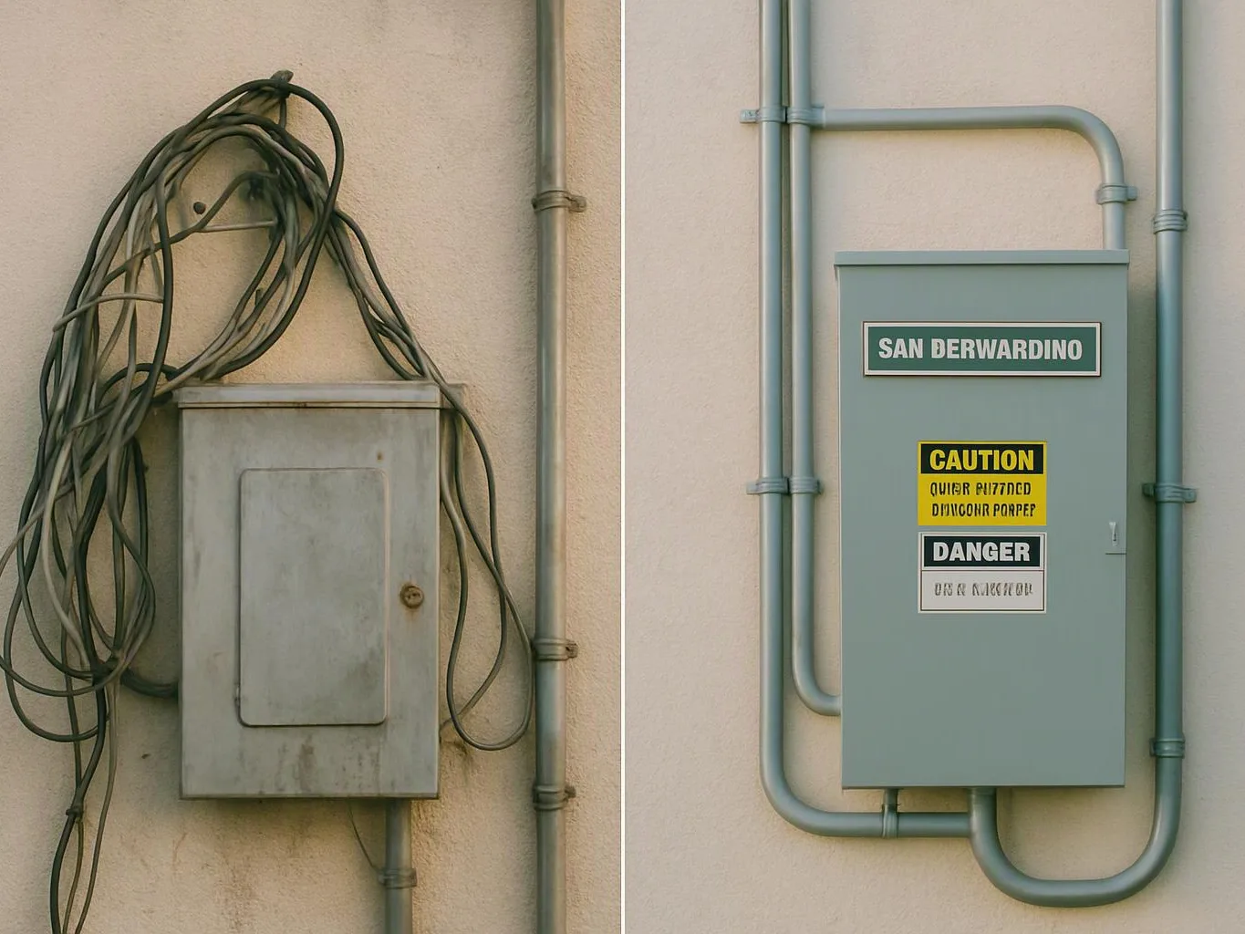 A wall-mounted electrical box with tangled cables sits beside a labeled utility panel with caution and danger signs