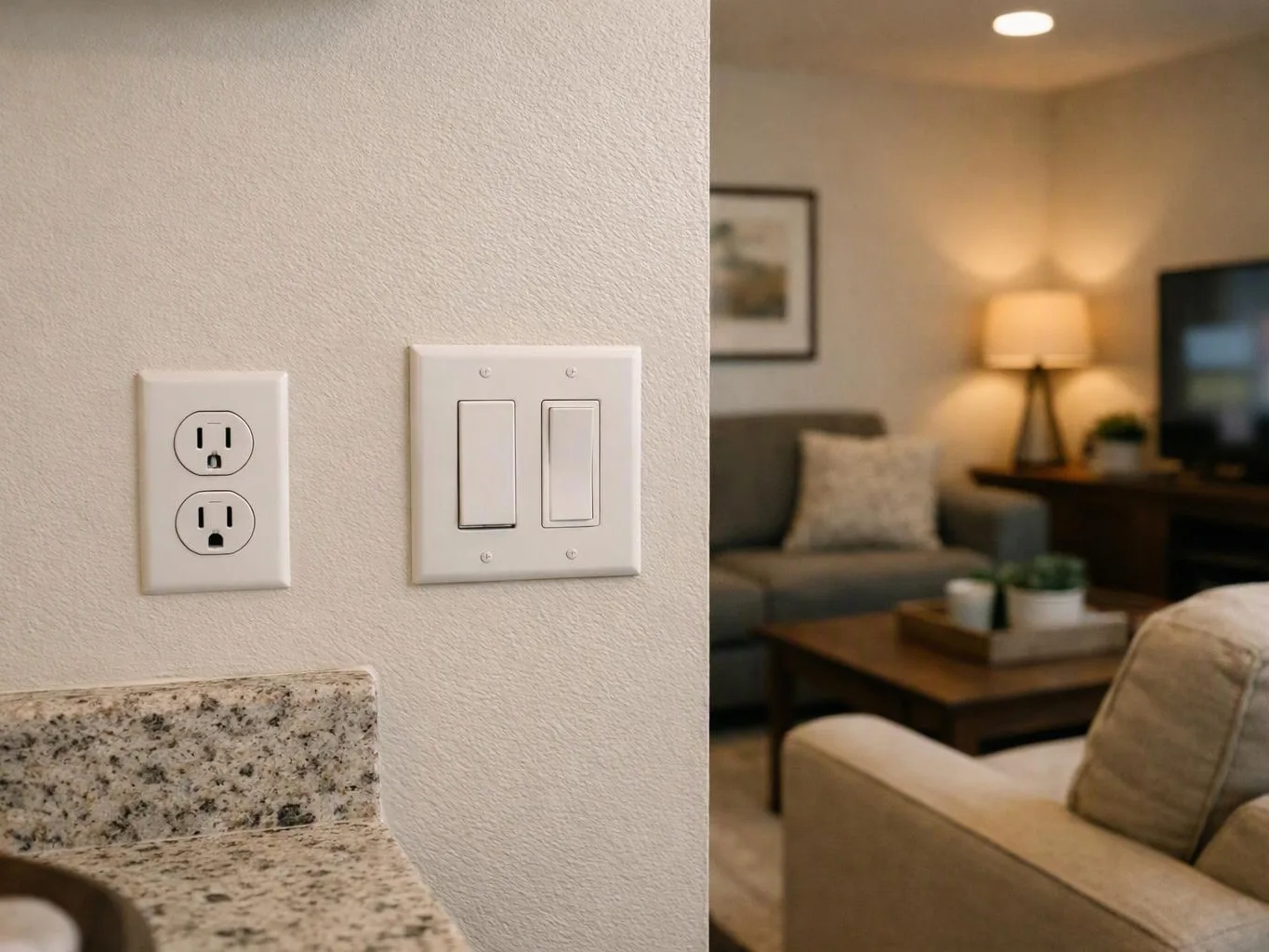 A wall outlet and two light switches sit beside a granite counter, with a cozy living room softly lit in the background