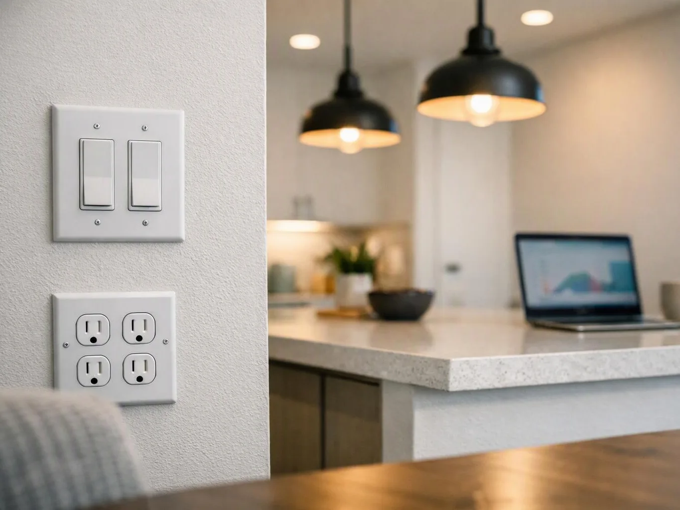 A wall switch and outlet are beside a bright kitchen counter with hanging lights and an open laptop