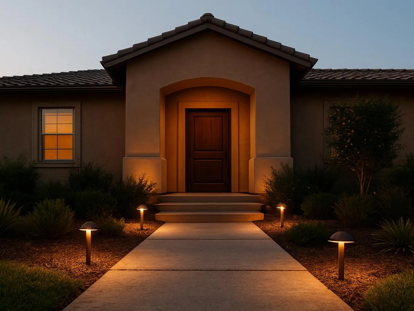 A warmly lit house entrance at dusk shows a front door, walkway, steps, and garden path lights