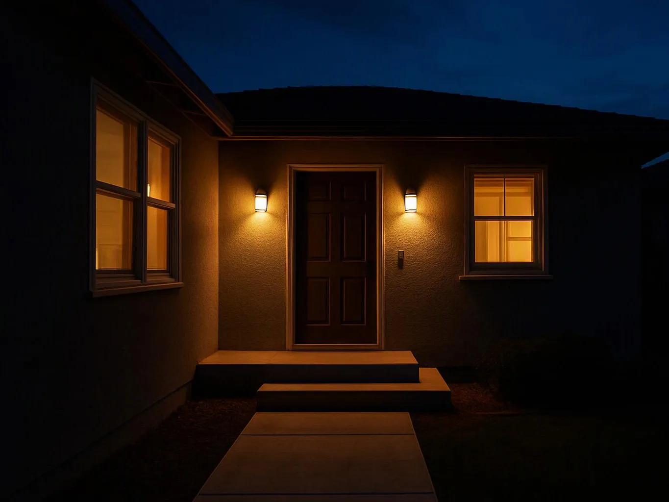 A warmly lit house entry shows a dark front door, two windows, and steps at night