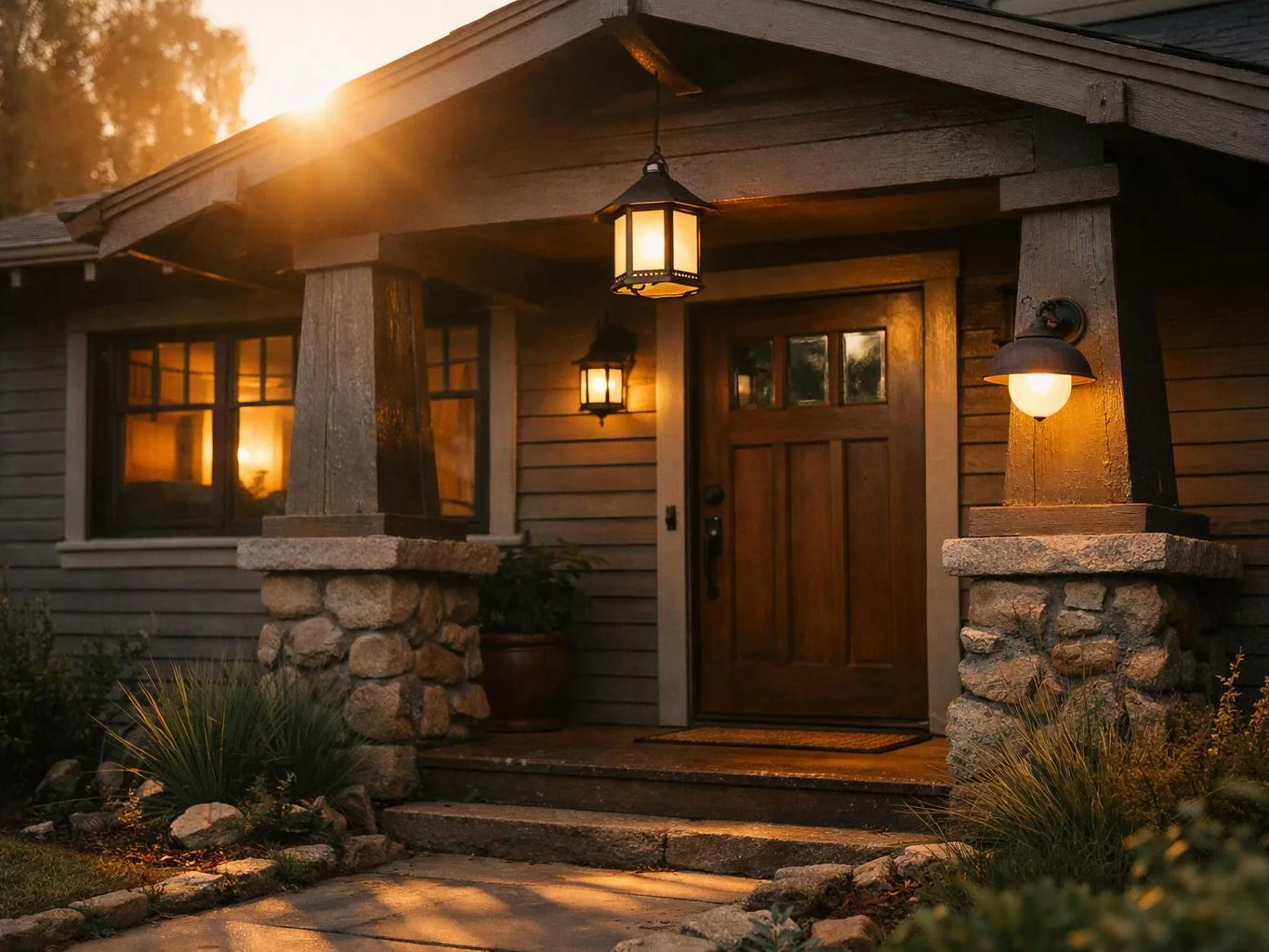 A warmly lit house entry with a wooden door, stone columns, and glowing porch lights at sunset