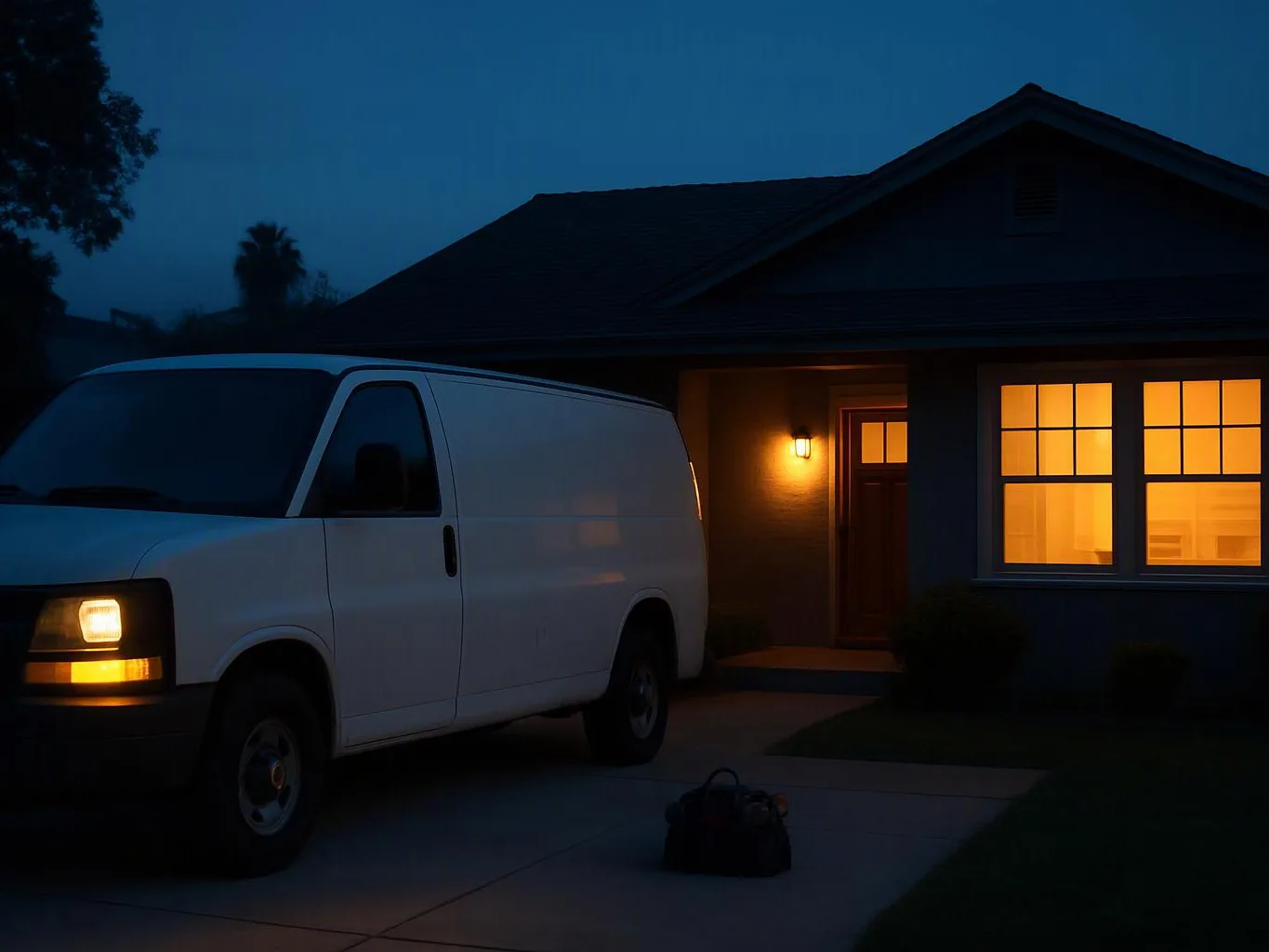 White cargo van parked in a driveway at dusk beside a lit house entrance and window