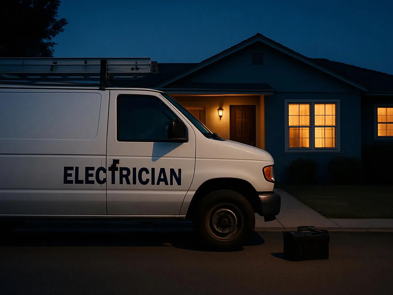 A white electrician van is parked at a house with lit windows and a glowing porch light at night
