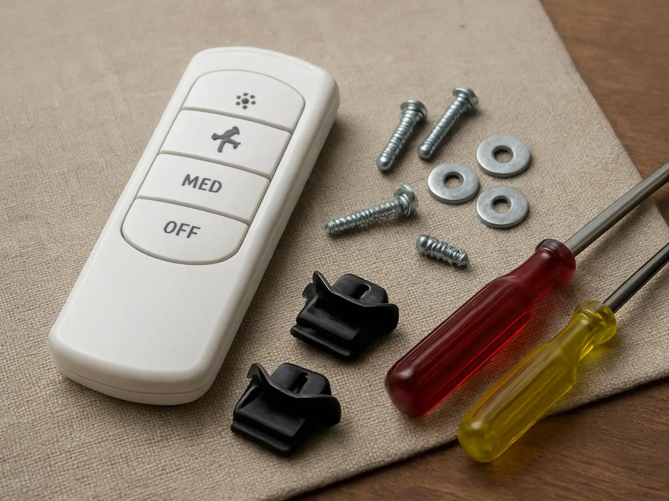 A white remote lies beside screws, washers, black clips, and two screwdrivers on beige fabric